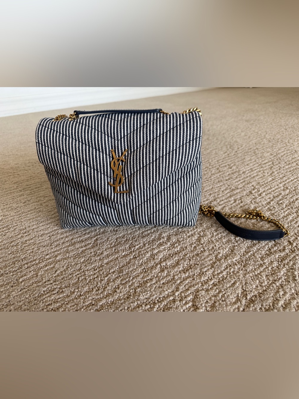 Saint Laurent Navy and White Striped Denim Small Loulou Shoulder Bag - Picture 2 of 12